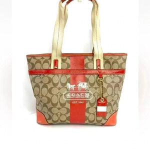 COACH Heritage 11350 Orange Tan Signature Coated Canvas Tote Shoulder Bag Purse